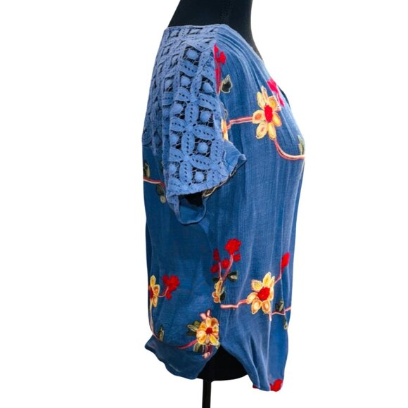 Anthropologie Fig & Flower Blue Embroidered Button Blouse M Crochet Lace Cottage - Picture 5 of 8